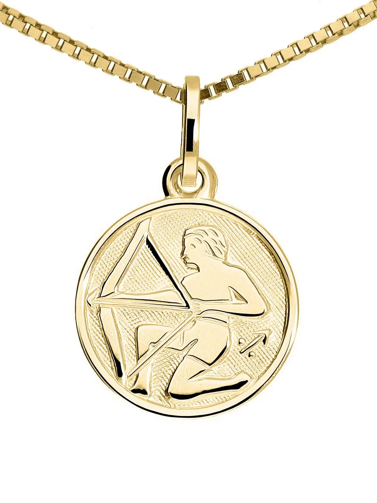 Unisexanhänger aus echtem Gelbgold Sternezeichen Schütze - Zodiac Round | Detailansicht
