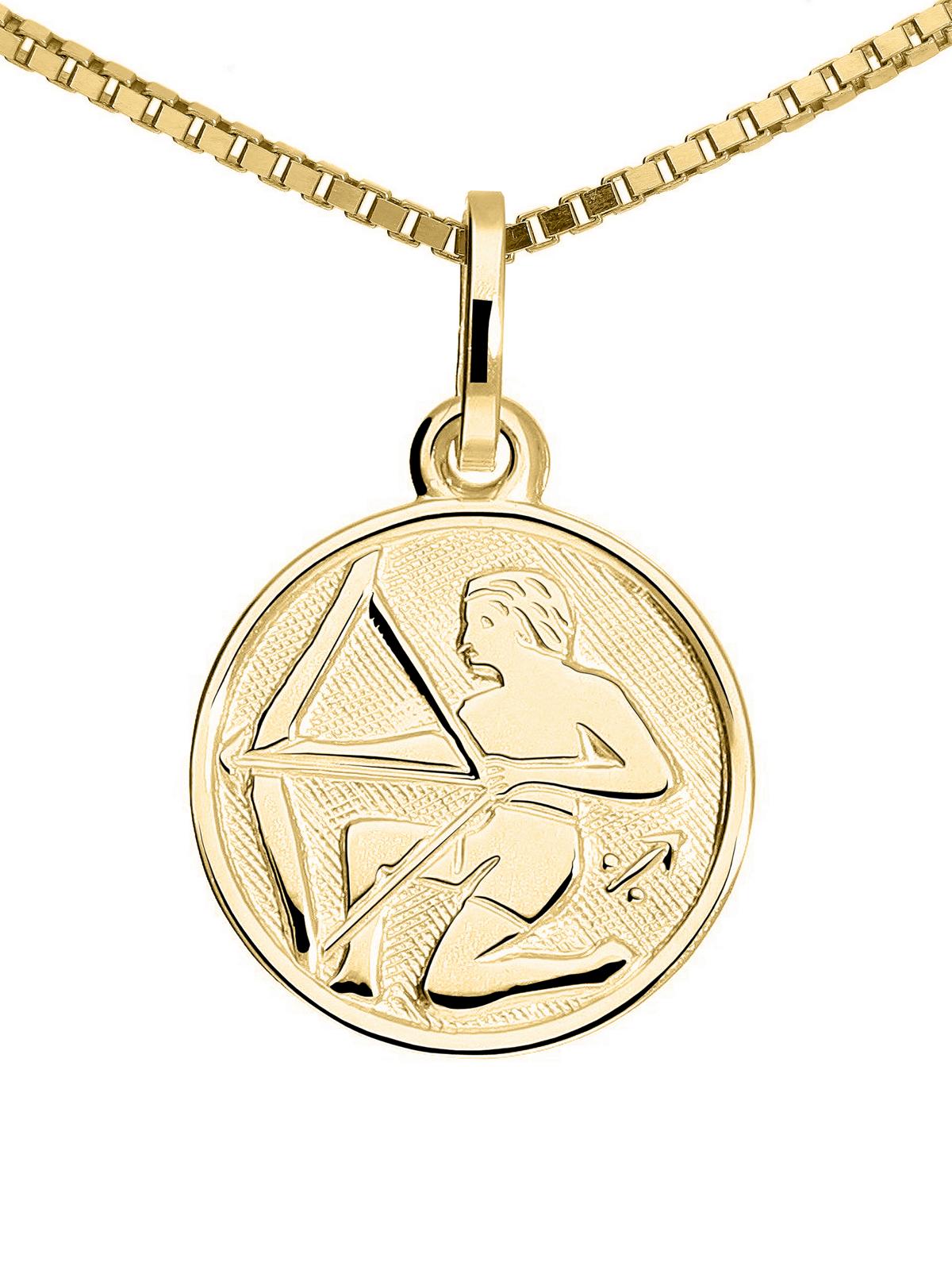 Unisexanhänger aus echtem Gelbgold Sternezeichen Schütze - Zodiac Round | Detailansicht