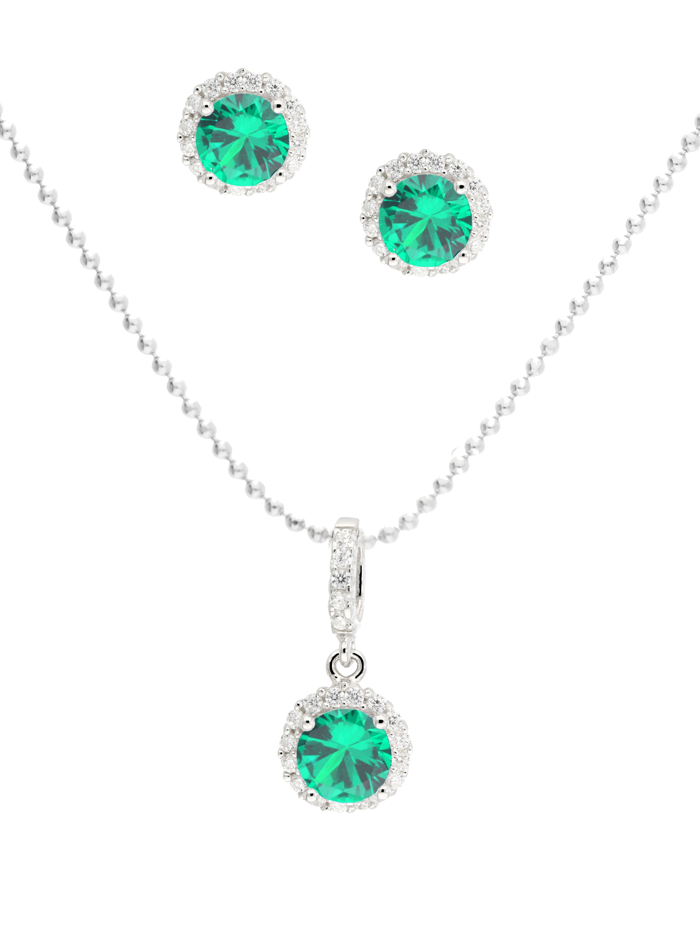 Schmuckset bestehend aus Halskette mit Anhänger und Ohrringen aus echtem Sterlingsilber mit grünen Zirkonia - Amazone | Produktansicht