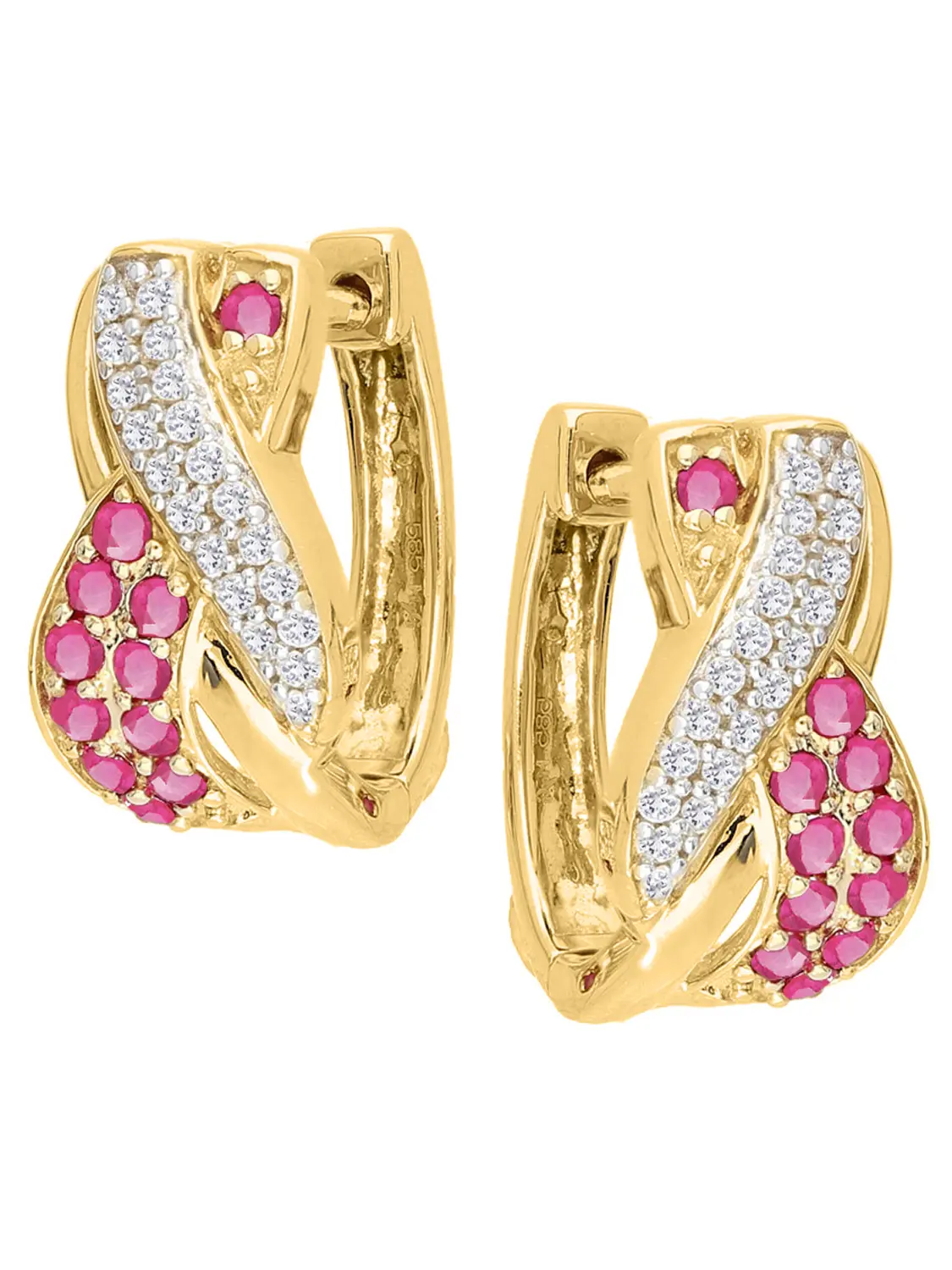 Damencreolen aus echtem Gelbgold mit Diamant und Rubin Edelsteinen | Produktansicht