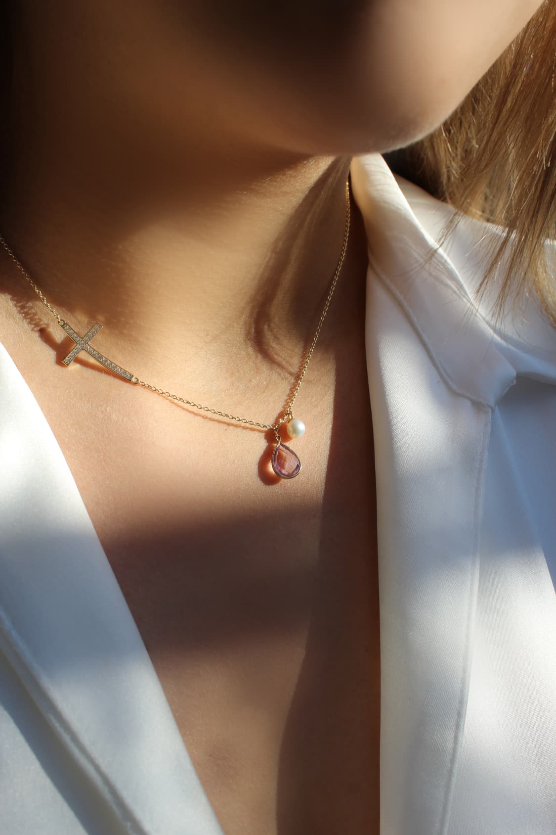 Daisy -  Damen Halskette mit Amethyst & Perle 585 Gold