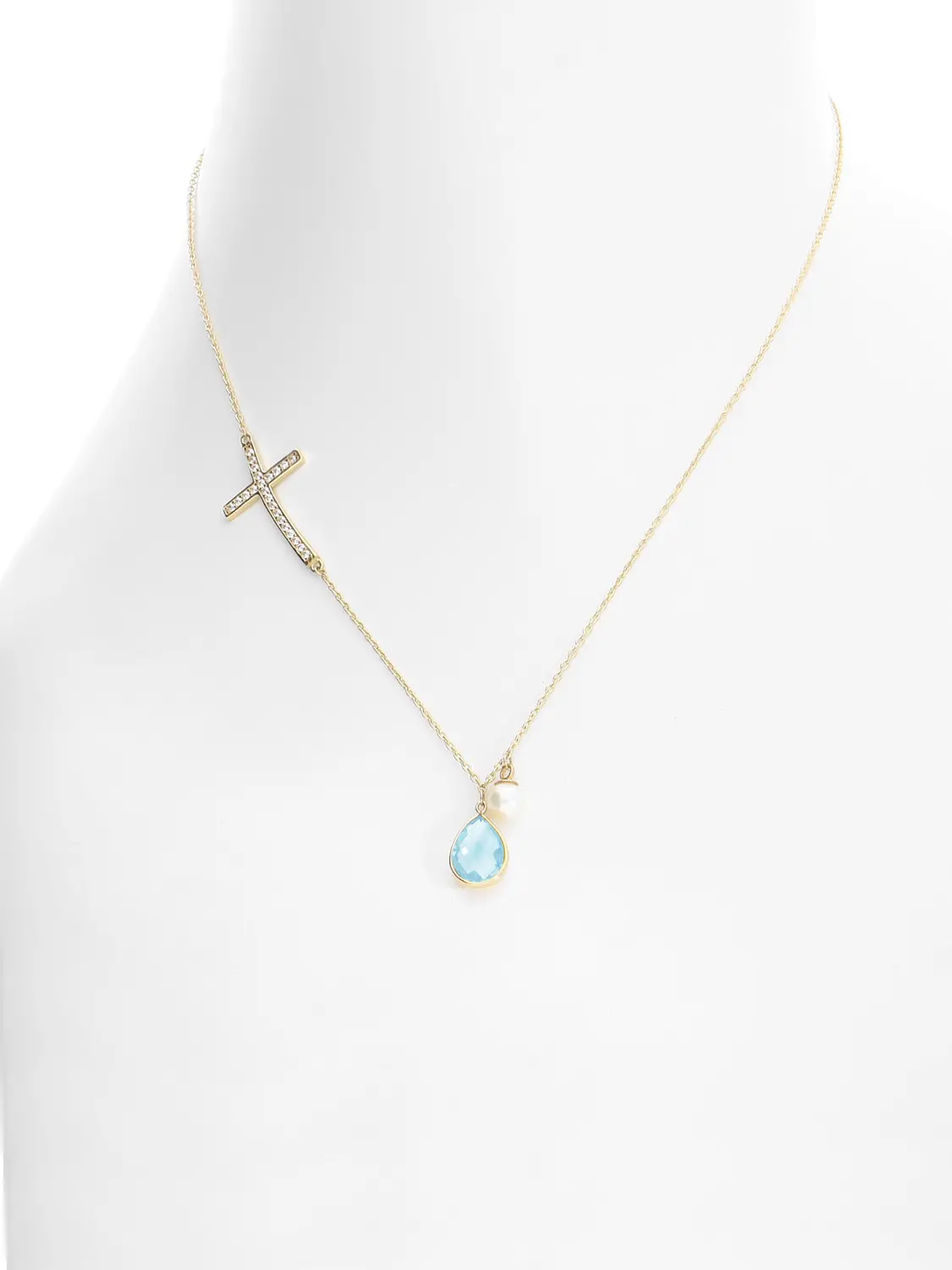 Damenhalskette aus echtem Gelbgold mit Zirkonia & Blautopas Edelstein - Daisy | Büstenansicht