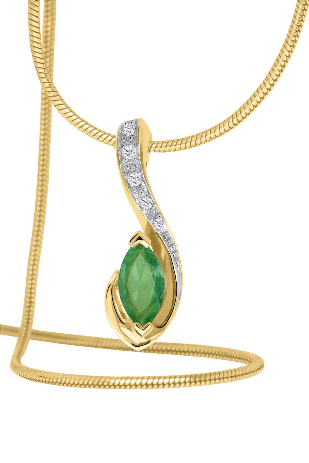 Damenanhänger aus echtem Gelbgold mit Diamant & Smaragd Edelsteinen - Eunundi | Kettenansicht