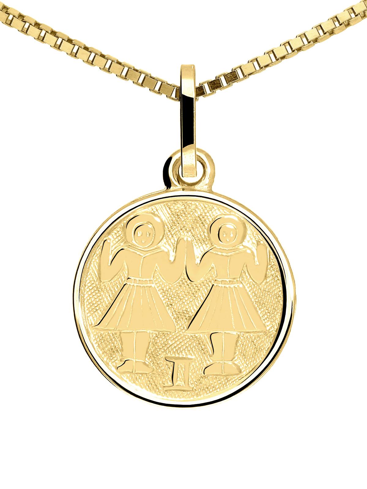 Unisexanhänger aus echtem Gelbgold Sternezeichen Zwilling - Zodiac Round | Detailansicht