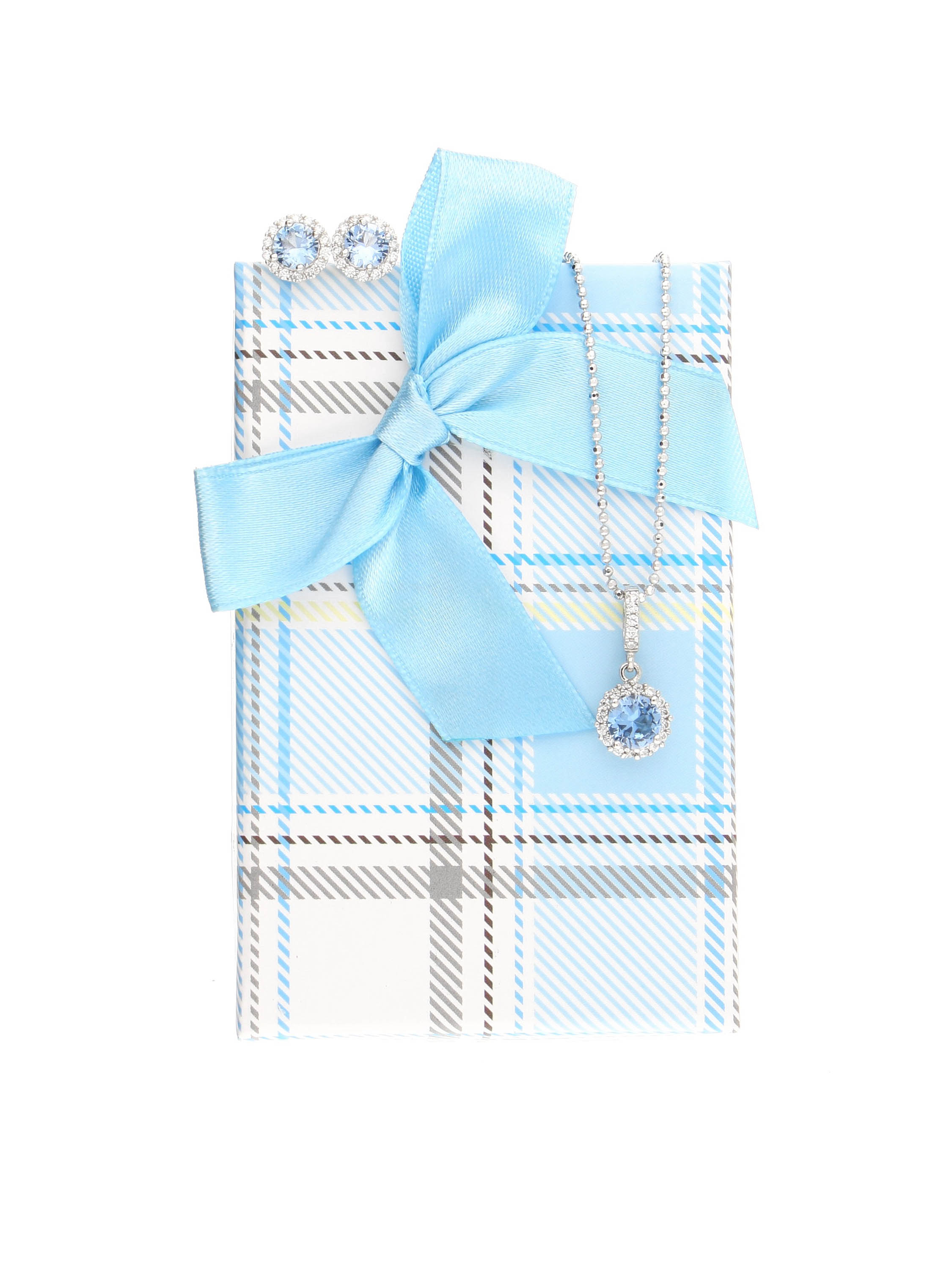 Karierte Geschenkschachtel mit schöner Satinschleife für das hellblaue Amazone Set | Verpackung