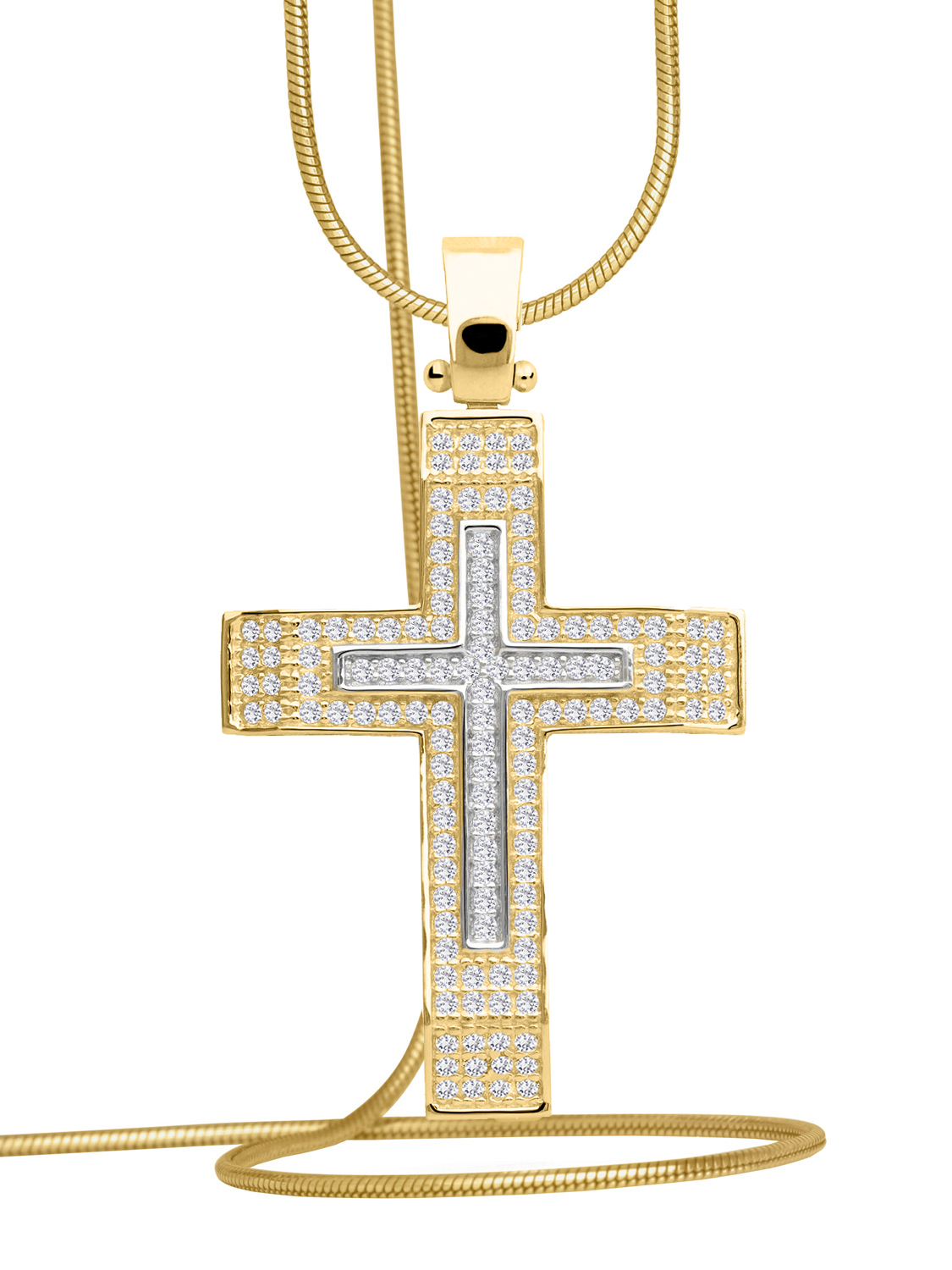 Kreuzanhänger für Damen & Herren aus echtem Gelbgold & Weißgold mit Zirkonia - Bliff | Kettenansicht