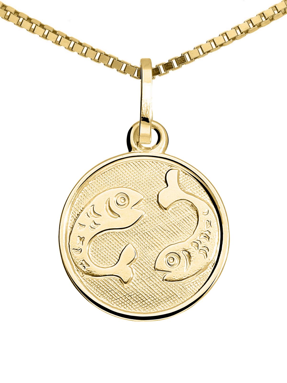 Unisexanhänger aus echtem Gelbgold Sternezeichen Fische - Zodiac Round | Detailansicht