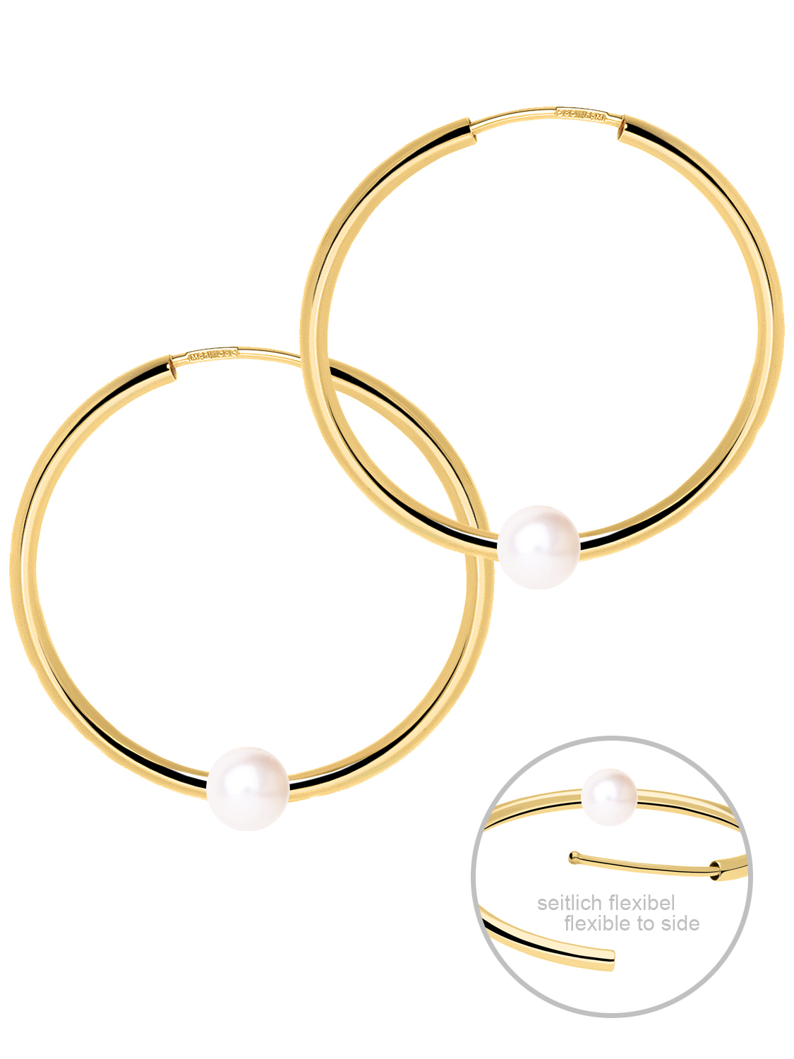 Damencreolen aus echtem Gelbgold mit weißen Süßwasserperlen - Pearly Kiss | Detailansicht