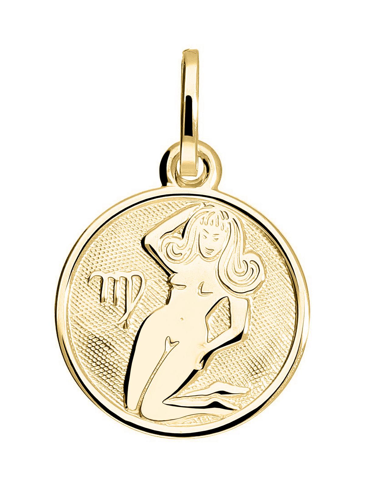 Unisexanhänger aus echtem Gelbgold Sternezeichen Jungfrau - Zodiac Round | Produktansicht