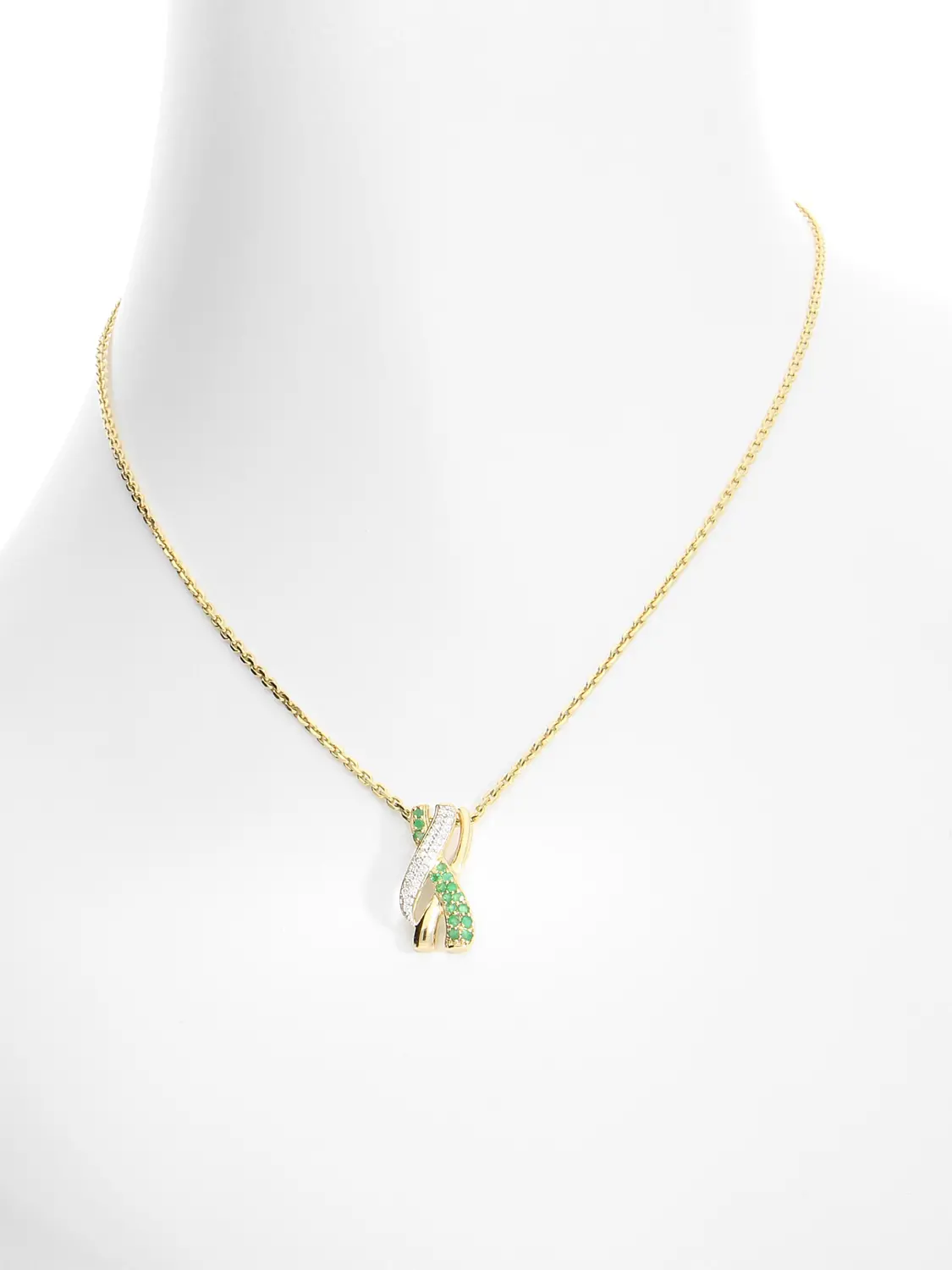 Damenanhänger aus echtem Gelbgold mit Diamant & Smaragd Edelsteinen - Jacotte | Büstenansicht