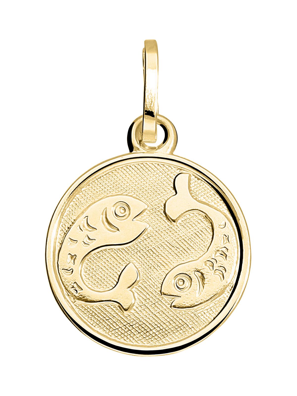 Unisexanhänger aus echtem Gelbgold Sternezeichen Fische - Zodiac Round | Produktansicht