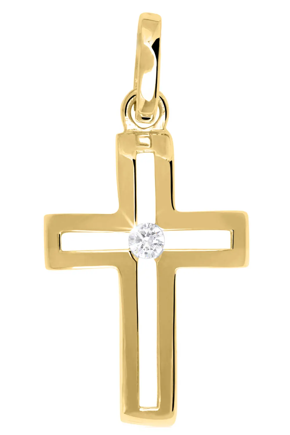 Kreuzanhänger für Damen aus echtem Gelbgold mit Zirkonia - Cross Fire | Produktansicht