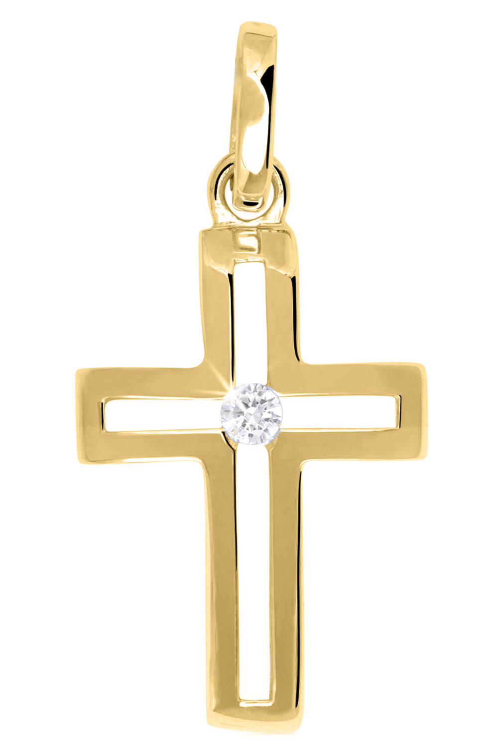 Kreuzanhänger für Damen aus echtem Gelbgold mit Zirkonia - Cross Fire | Produktansicht