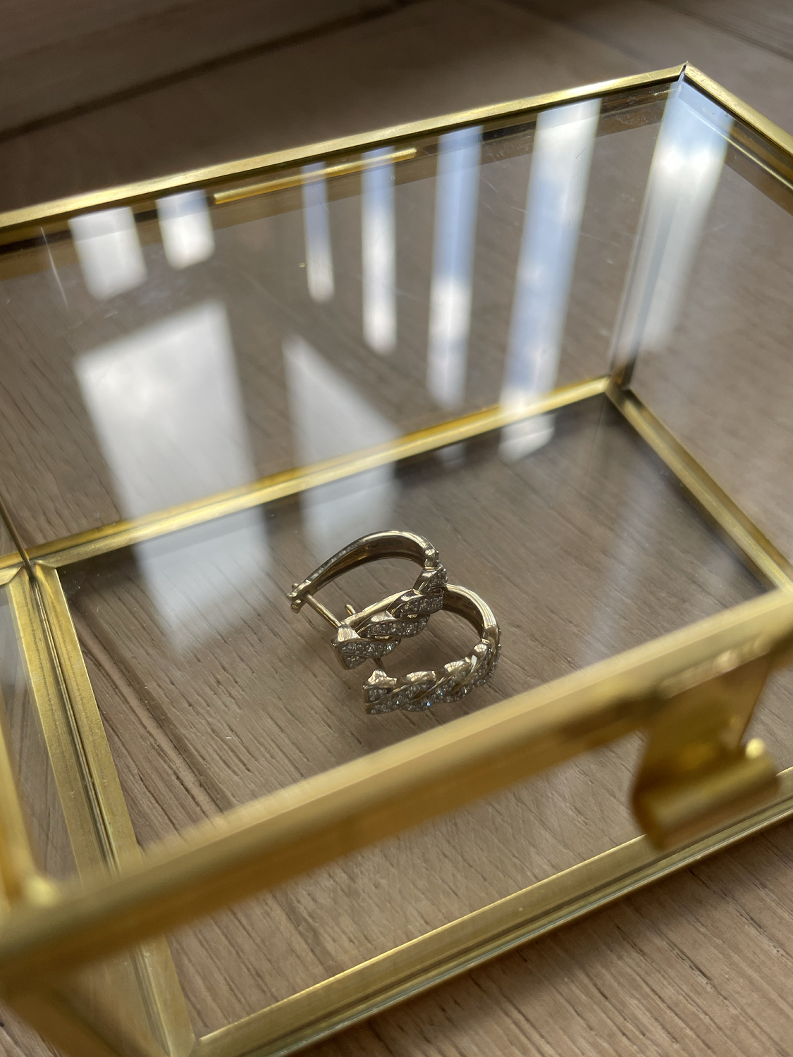 Damencreolen aus echtem Gelbgold mit Diamant in Glasbox - Melania | Stilleben