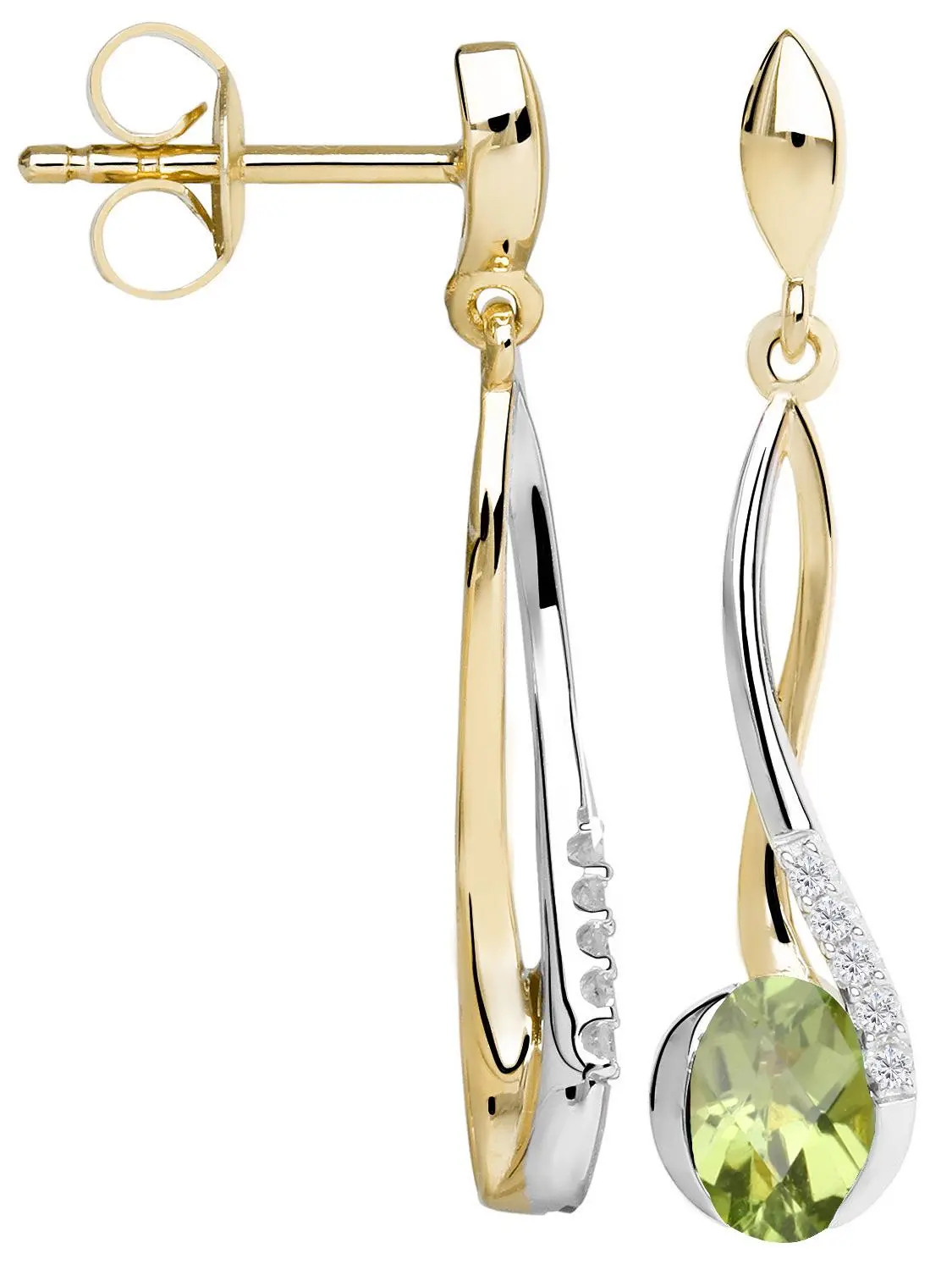 Damenohrringe aus echtem Gelbgold mit Peridot Edelstein - Maia | Seitenansicht