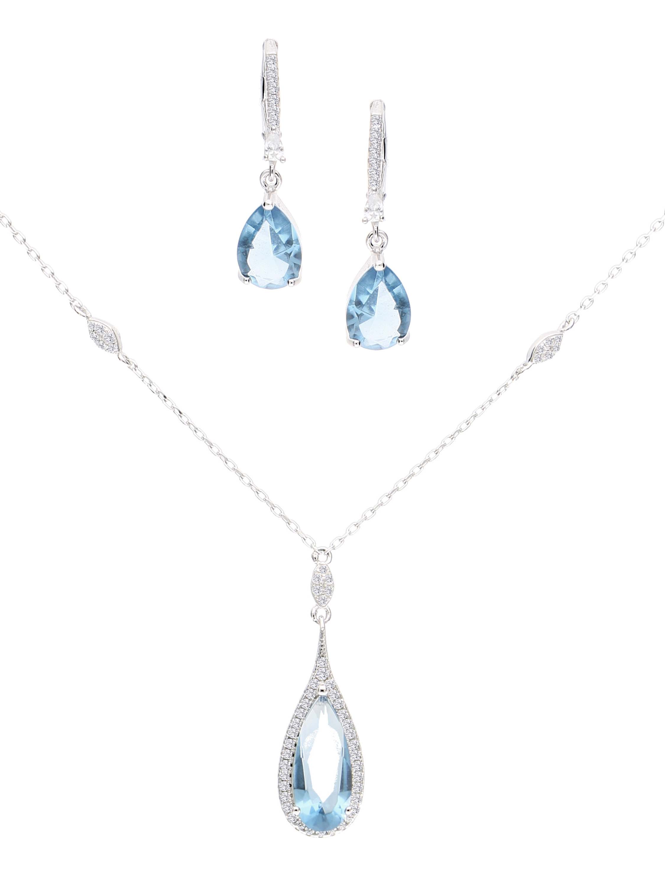 Schmuckset aus Halskette mit Anhänger & Ohrringen aus echtem Sterlingsilber mit blauen Zirkonia - Nadine | Produktansicht