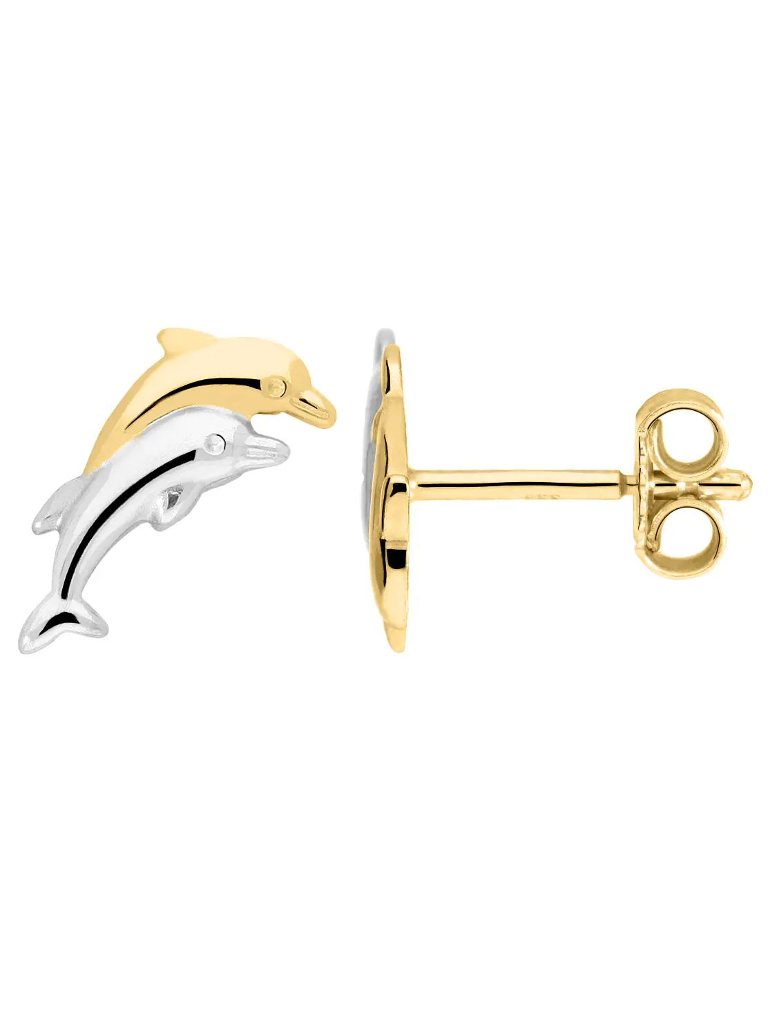 Damenohrringe für Mädchen aus echtem Gelbgold & Weißgold - Dolphin Twins | Seitenansicht