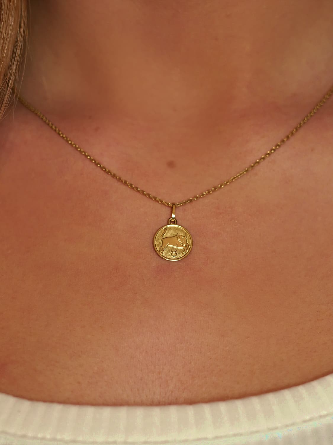 Unisexanhänger aus echtem Gelbgold Sternezeichen Stier an Damendekollete - Zodiac Round | Skintype