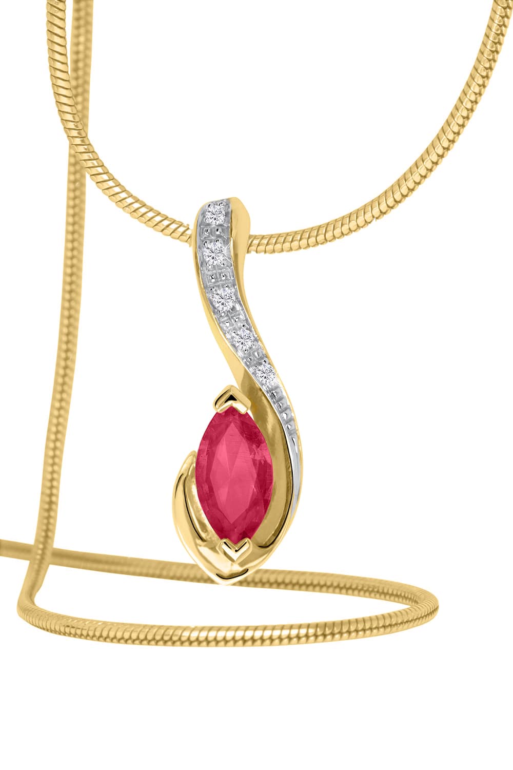 Damenanhänger aus echtem Gelbgold mit Diamant & Rubin Edelsteinen - Eunundi | Kettenansicht