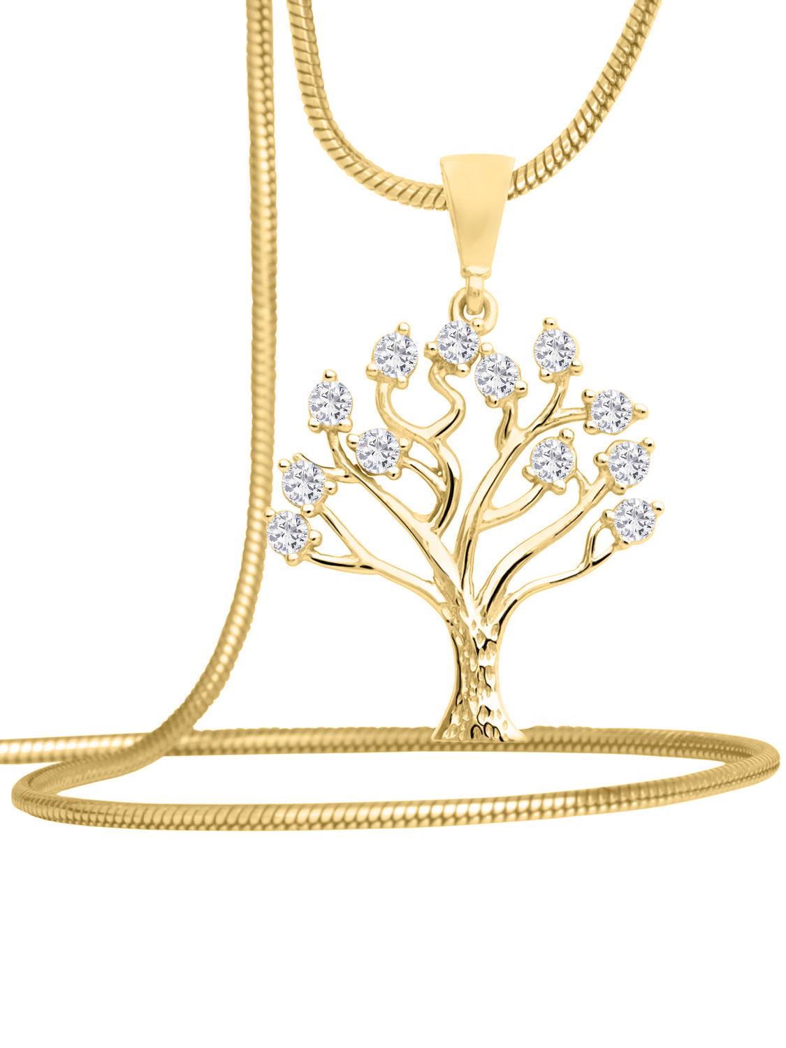 Damenanhänger aus echtem Gelbgold mit Zirkonia - Tree | Kettenansicht