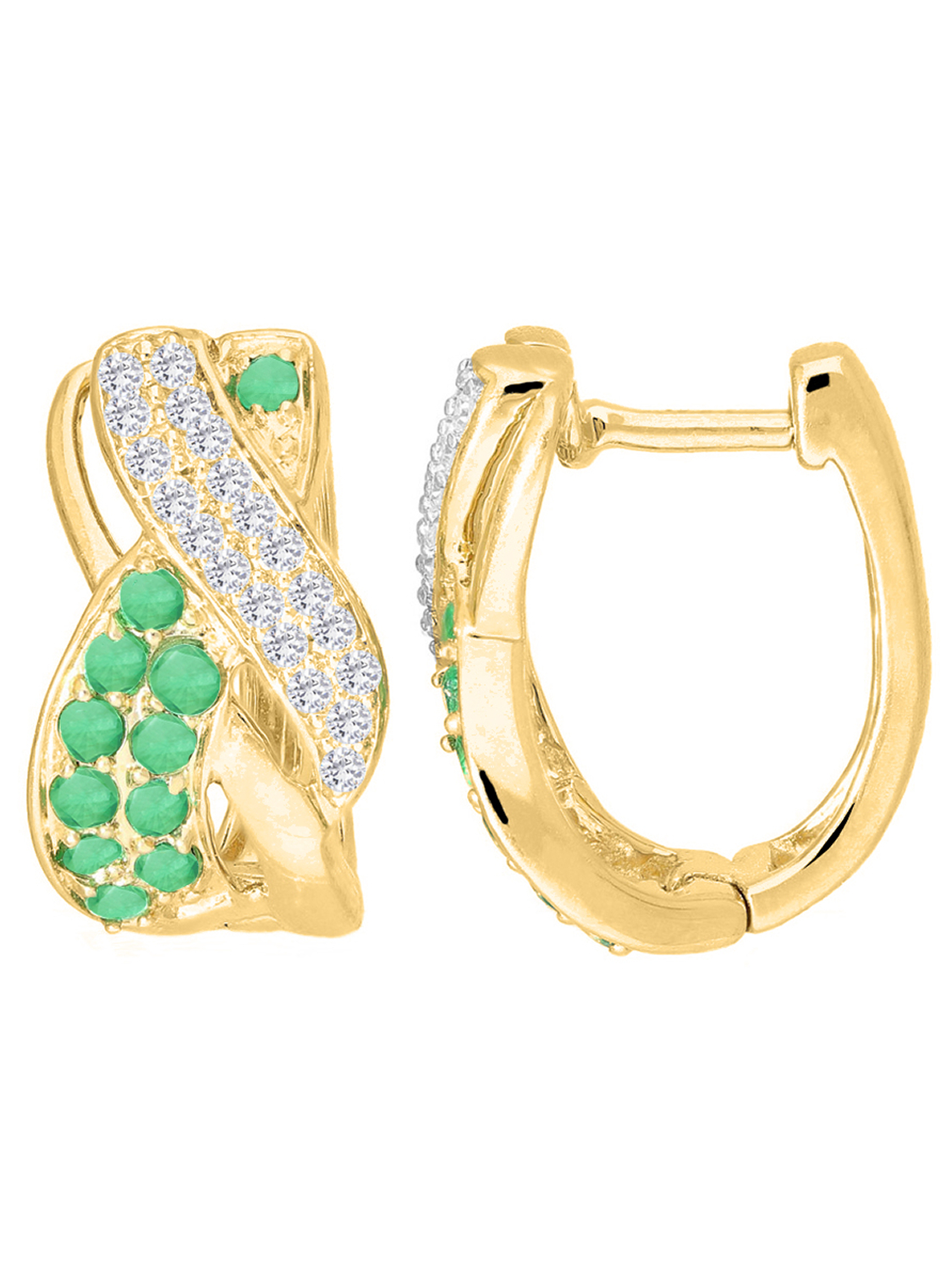 Damencreolen aus echtem Gelbgold mit Diamant und Smaragd Edelsteinen | Detailansicht