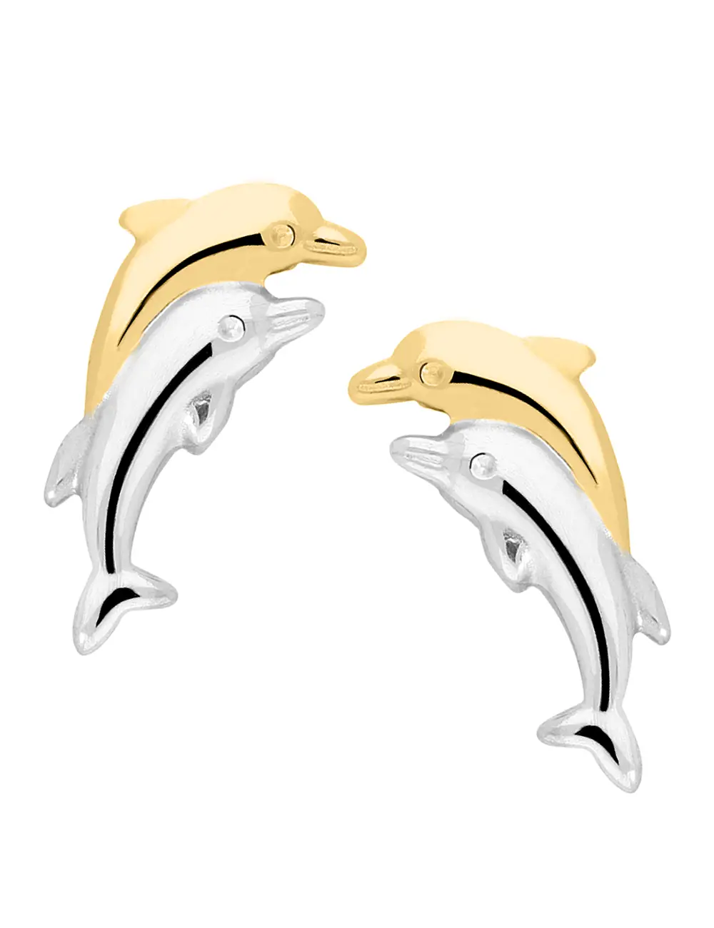 Damenohrringe für Mädchen aus echtem Gelbgold & Weißgold - Dolphin Twins | Produktansicht
