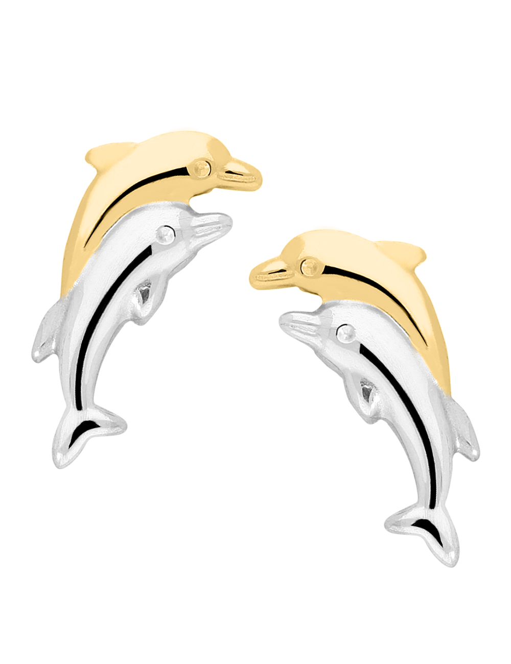Damenohrringe für Mädchen aus echtem Gelbgold & Weißgold - Dolphin Twins | Produktansicht