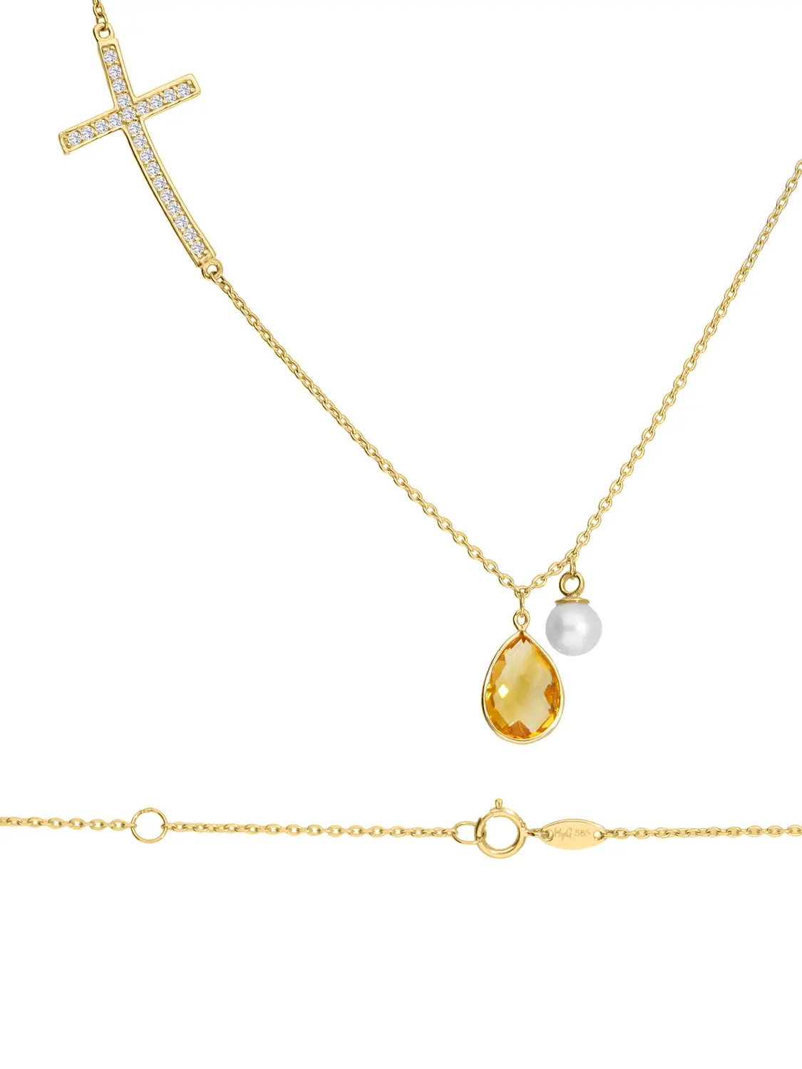 Damenhalskette aus echtem Gelbgold mit Zirkonia & Citrin Edelstein - Daisy | Detailansicht
