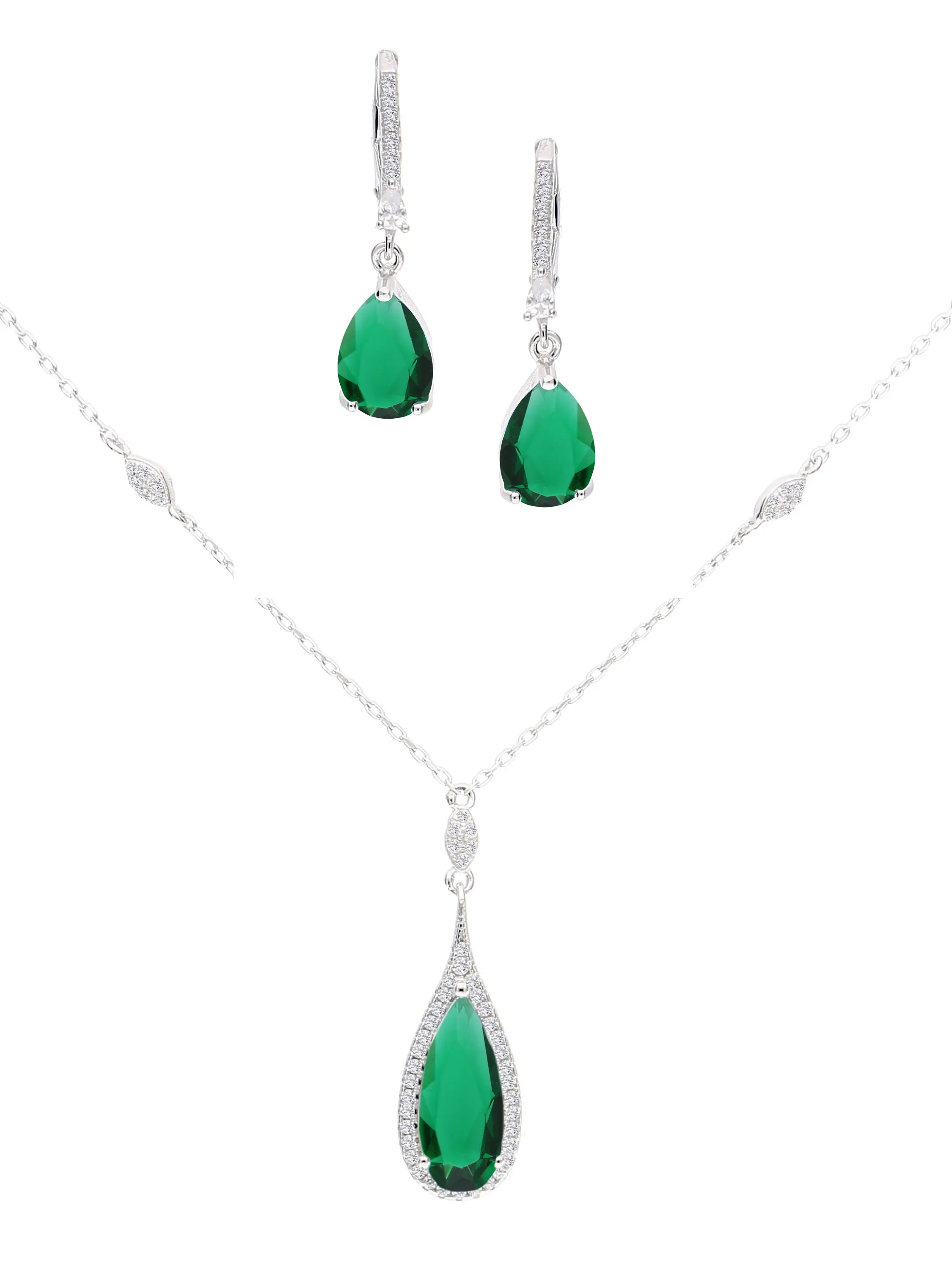 Schmuckset aus Halskette mit Anhänger & Ohrringen aus echtem Sterlingsilber mit grünen Zirkonia - Nadine | Produktansicht