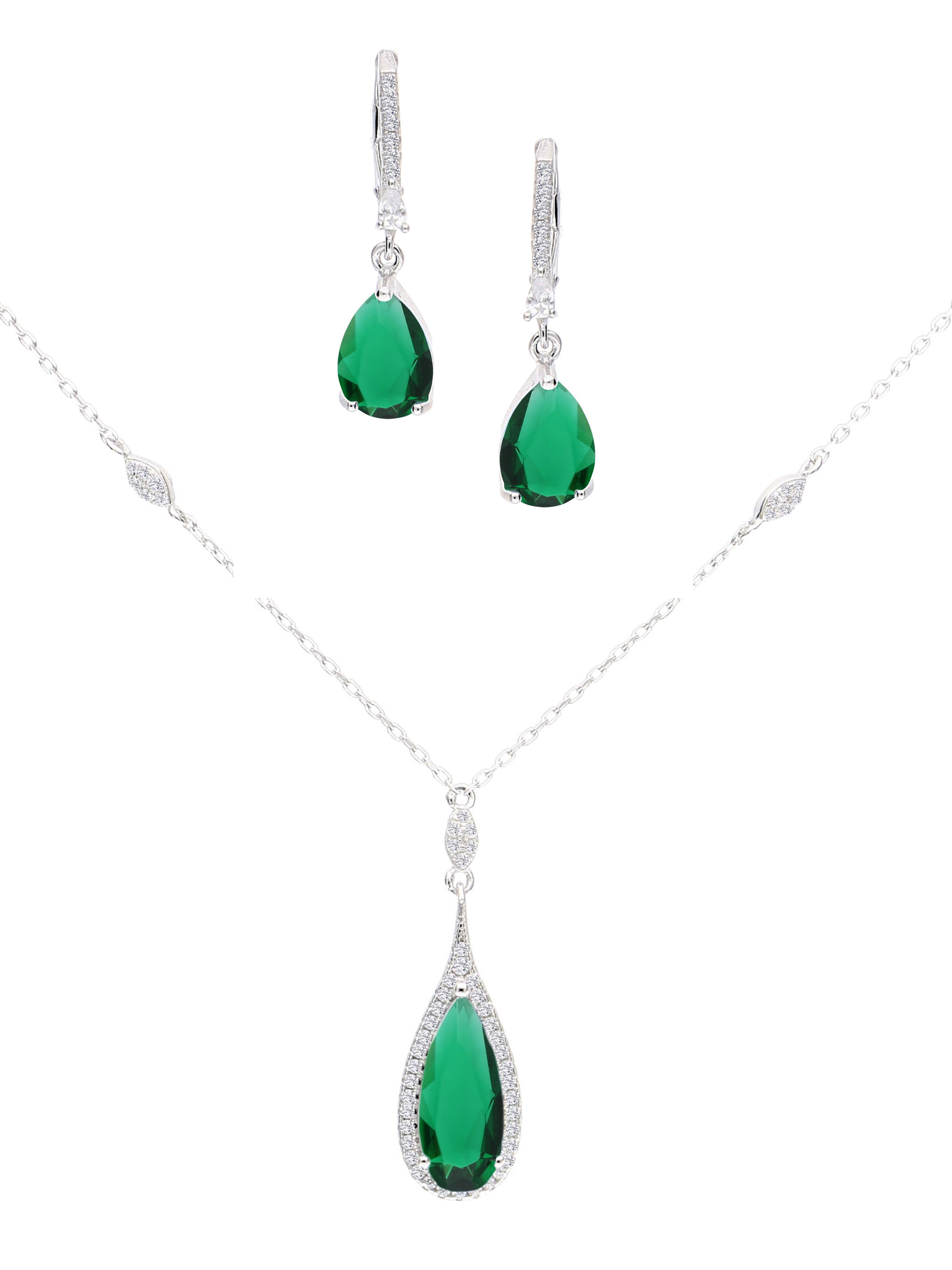 Schmuckset aus Halskette mit Anhänger & Ohrringen aus echtem Sterlingsilber mit grünen Zirkonia - Nadine | Produktansicht