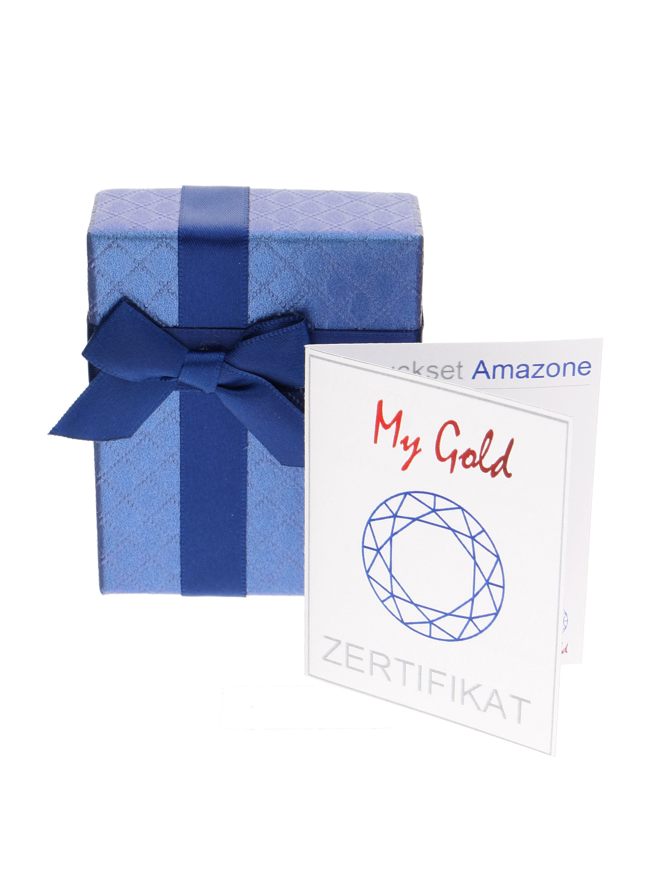 Blaue Geschenkschachtel mit schöner Satinschleife und Echtheitszertifikat für das dunkelblaue Amazone Set | Verpackung