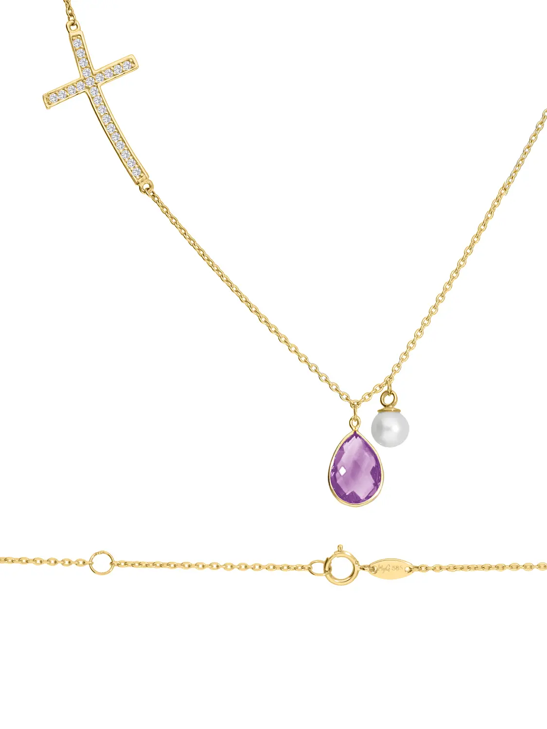 Damenhalskette aus echtem Gelbgold mit Zirkonia & Amethyst Edelstein - Daisy | Detailansicht