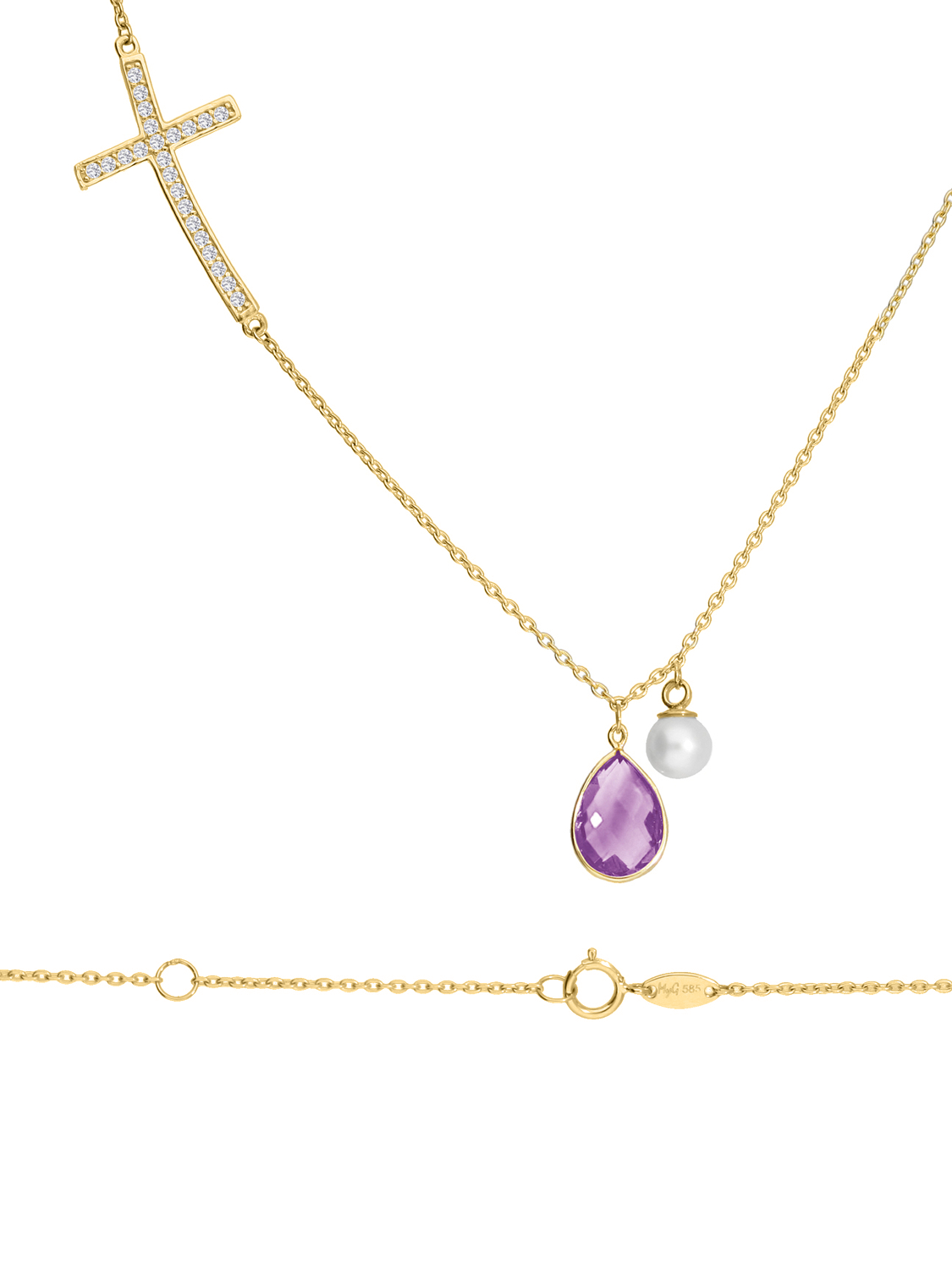 Damenhalskette aus echtem Gelbgold mit Zirkonia & Amethyst Edelstein - Daisy | Detailansicht