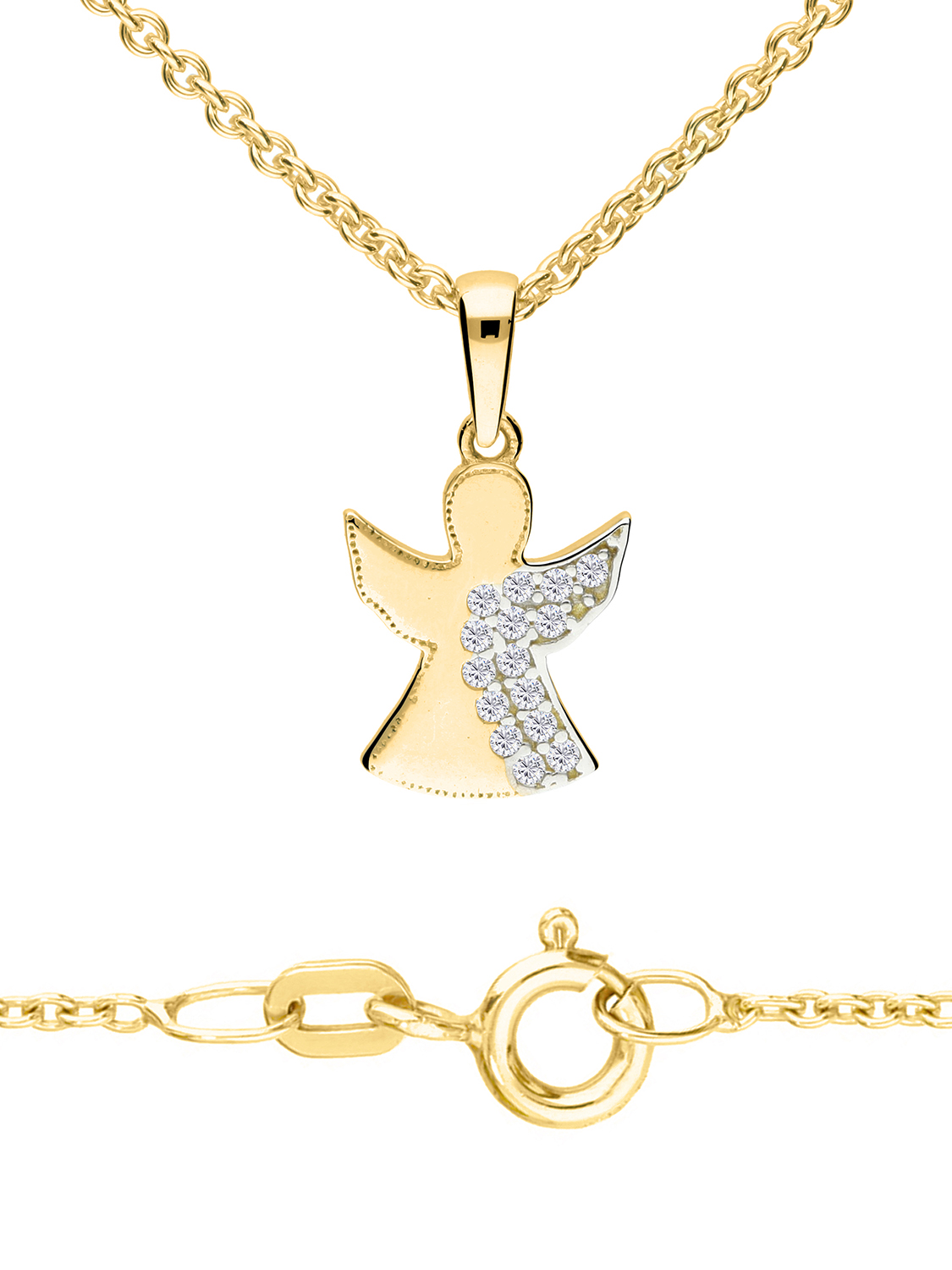 Halskette & Anhänger für Mädchen aus echtem Gelbgold mit Zirkonia - Sweet Angel | Detailansicht mit Verschluss