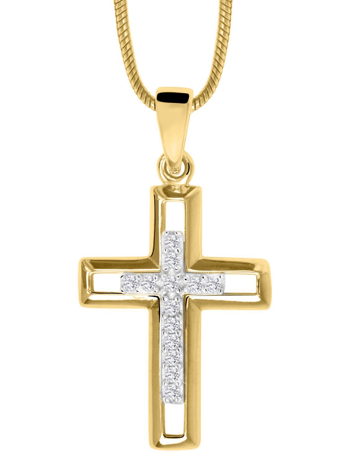Anhänger für Damen und Herren aus echtem Gelbgold mit weißen Zirkonia - Cross Over | Detailansicht