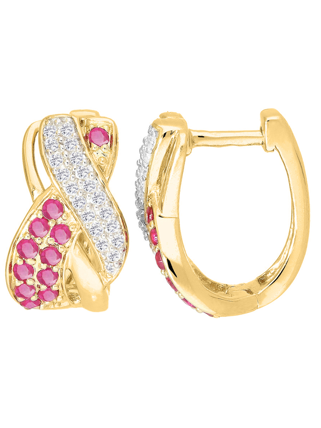 Damencreolen aus echtem Gelbgold mit Diamant und Rubin Edelsteinen | Detailansicht